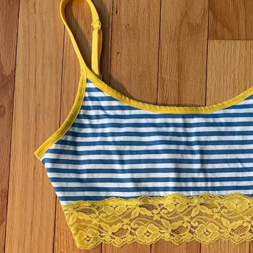 PACT Organic Cotton Soft Bralette Bright Blue with Yellow Stripes Size Med - Picture 3 of 7